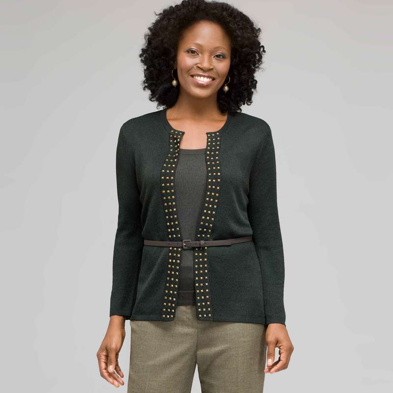 Belted Cardigan With Studs, Laurel, large