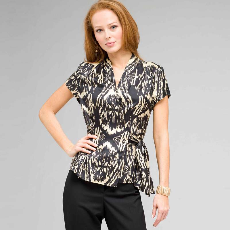 Tie Front Blouse, Black Multi, large